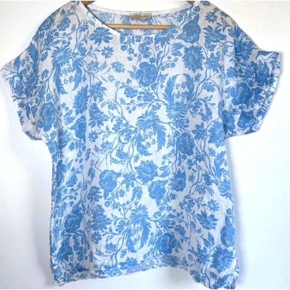 Bellambra Top Womens Small Blue White Floral Linen Made in Italy Blouse Coastal - Picture 1 of 10